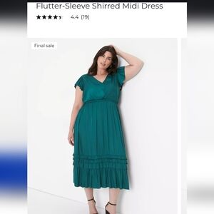 Lane Bryant, sz 16, Teal Flutter-Sleeve Shirred Midi Dress